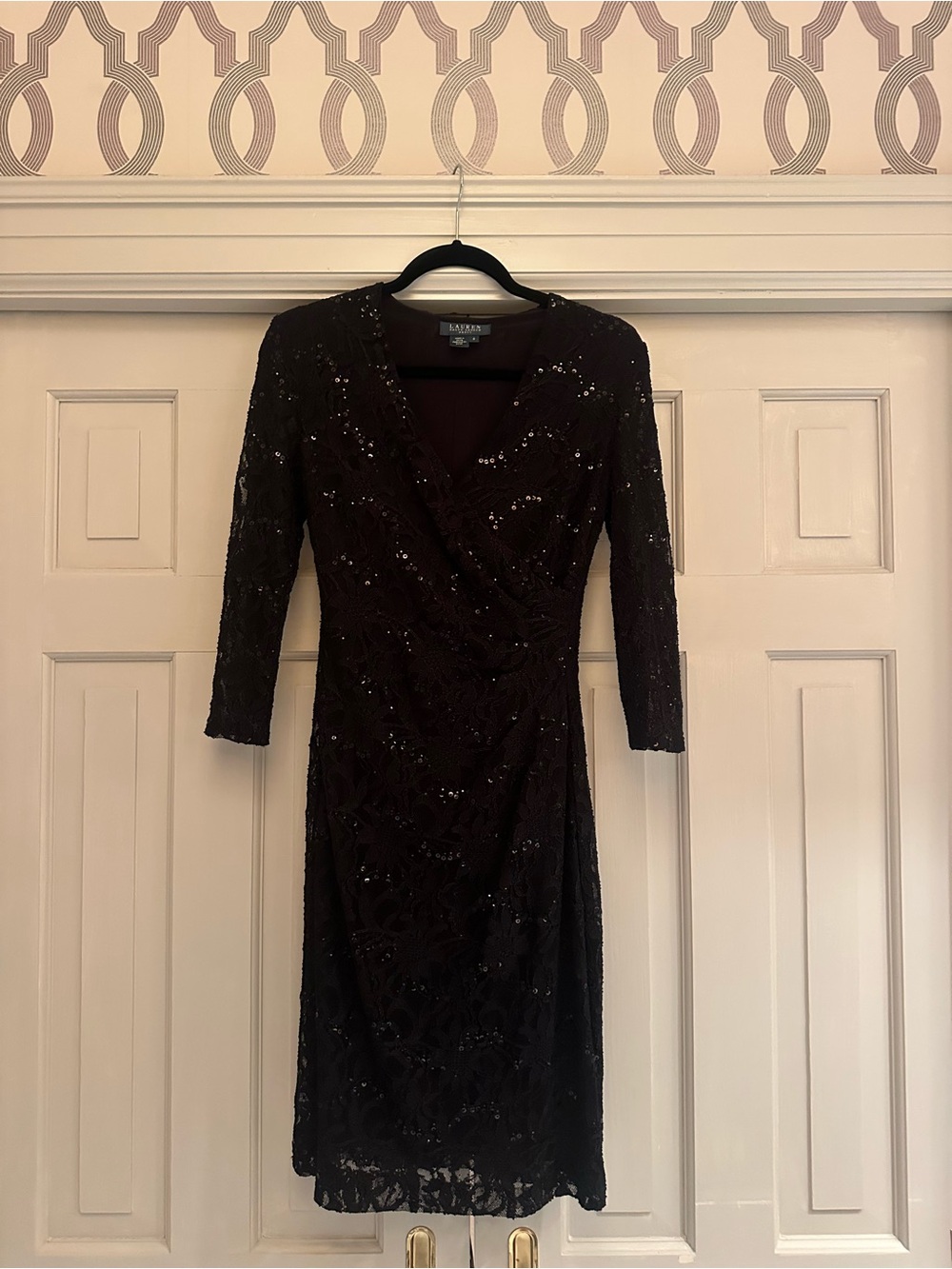 Ralph Lauren Black Sequin Long Sleeve Wrap-Style Dress